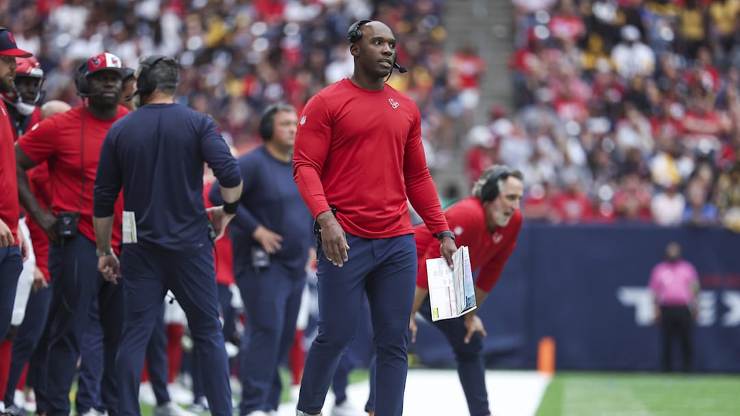 Oct 1, 2023; Houston, Texas, USA; Houston Texans head coach DeMeco Ryans on the sideline during the game against the Pittsburgh Steelers at NRG Stadium. Mandatory Credit: Troy Taormina-Imagn Images