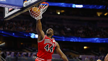 Oct 25, 2025; Orlando, Florida, USA;  Chicago Bulls forward Patrick Williams (44) dunks the ball in the second half against the Orlando Magic at Kia Center. Mandatory Credit: Russell Lansford-Imagn Images