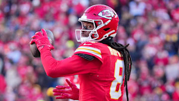 Dec 21, 2024; Kansas City, Missouri, USA; Kansas City Chiefs wide receiver DeAndre Hopkins (8) celebrates after catching a pass against the Houston Texans during the second half at GEHA Field at Arrowhead Stadium. Mandatory Credit: Denny Medley-Imagn Images