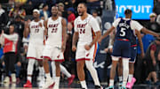 Nov 3, 2025; Inglewood, California, USA; Miami Heat guard Norman Powell (24) celebrates at the end of the game against the LA Clippers at Intuit Dome. Mandatory Credit: Kirby Lee-Imagn Images