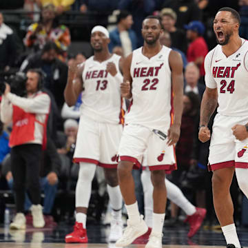 Nov 3, 2025; Inglewood, California, USA; Miami Heat guard Norman Powell (24) celebrates at the end of the game against the LA Clippers at Intuit Dome. Mandatory Credit: Kirby Lee-Imagn Images