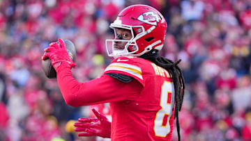 Dec 21, 2024; Kansas City, Missouri, USA; Kansas City Chiefs wide receiver DeAndre Hopkins (8) celebrates after catching a pass against the Houston Texans during the second half at GEHA Field at Arrowhead Stadium.