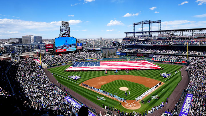 Apr 5, 2024; Denver, Colorado, USA; A general view inside Coors field during a flyover before the game between the Tampa Bay Rays and the Colorado Rockies. Mandatory Credit: Ron Chenoy-Imagn Images