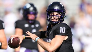 Nov 23, 2024; Fort Worth, Texas, USA; TCU Horned Frogs quarterback Josh Hoover (10) throws a pass before the game against the Arizona Wildcats at Amon G. Carter Stadium. Mandatory Credit: Tim Heitman-Imagn Images