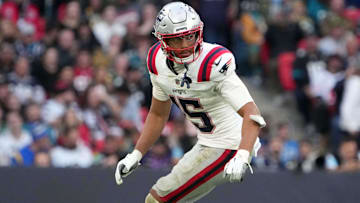 New England Patriots safety Marte Mapu (15) against the Jacksonville Jaguars in the second half of an NFL International Series game at Wembley Stadium.