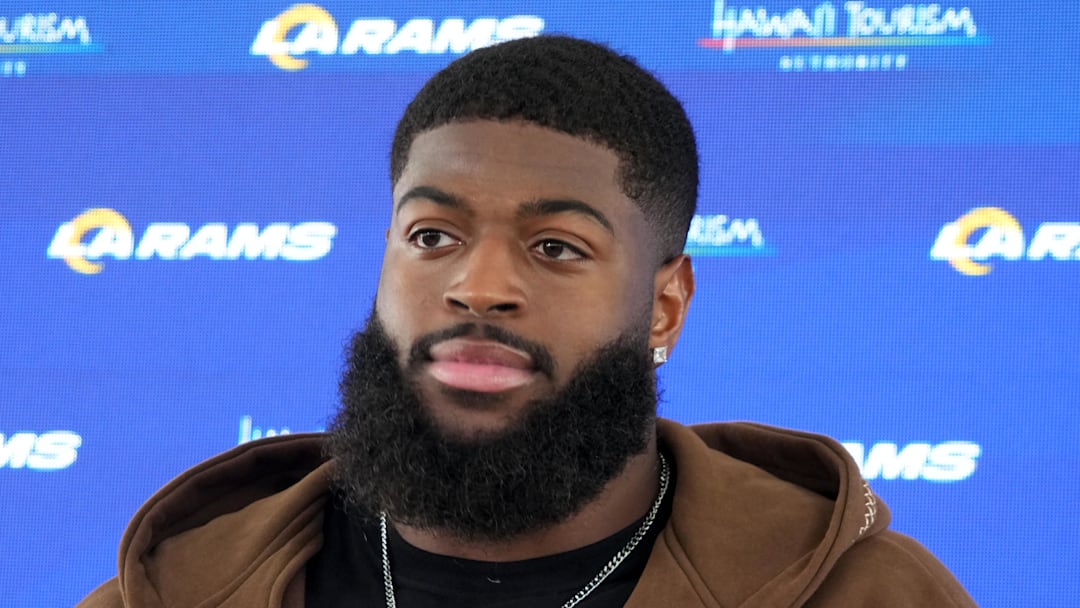 Los Angeles Rams linebacker Jared Verse at a press conference