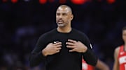 Oct 21, 2025; Oklahoma City, Oklahoma, USA; Houston Rockets head coach Ime Udoka reacts during a game against the Oklahoma City Thunder at Paycom Center. Mandatory Credit: Alonzo Adams-Imagn Images