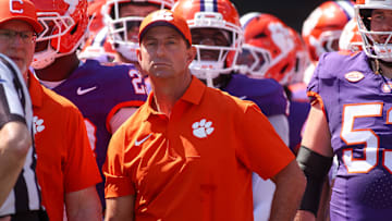 Clemson Tigers head coach Dabo Swinney with his team before a game against the Georgia Tech Yellow Jackets at Bobby Dodd Stadium at Hyundai Field. 