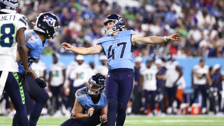 Aug 17, 2024; Nashville, Tennessee, USA; Tennessee Titans place kicker Brayden Narveson (47) kicks a field goal in the fourth quarter of the game against the Seattle Seahawks at Nissan Stadium. Mandatory Credit: Casey Gower-USA TODAY Sports