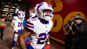 Buffalo Bills running back Ray Davis (22) against the Kansas City Chiefs during the AFC Championship game at GEHA Field at Arrowhead Stadium. 