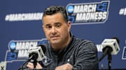 Mar 20, 2025; Milwaukee, WI, USA;  Xavier Musketeers head coach Sean Miller speaks during an NCAA Tournament First Round Practice press conference at Fiserv Forum. Mandatory Credit: Jeff Hanisch-Imagn Images