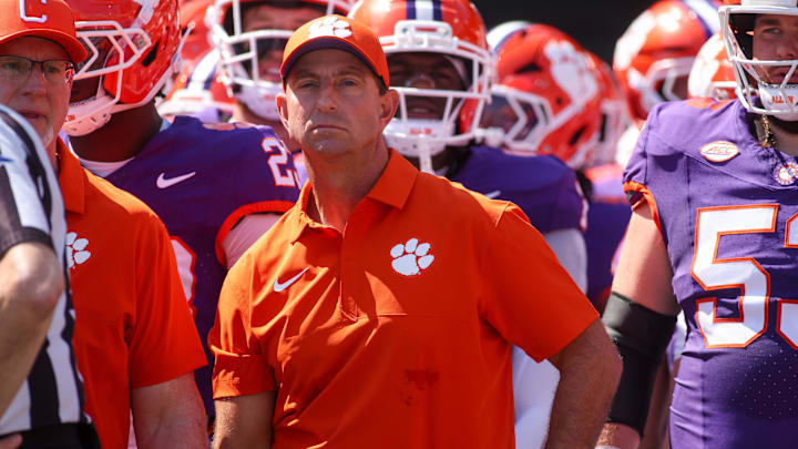 Sep 13, 2025; Atlanta, Georgia, USA; Clemson Tigers head coach Dabo Swinney prepares to run on the field with his team before a game against the Georgia Tech Yellow Jackets at Bobby Dodd Stadium at Hyundai Field. Mandatory Credit: Brett Davis-Imagn Images