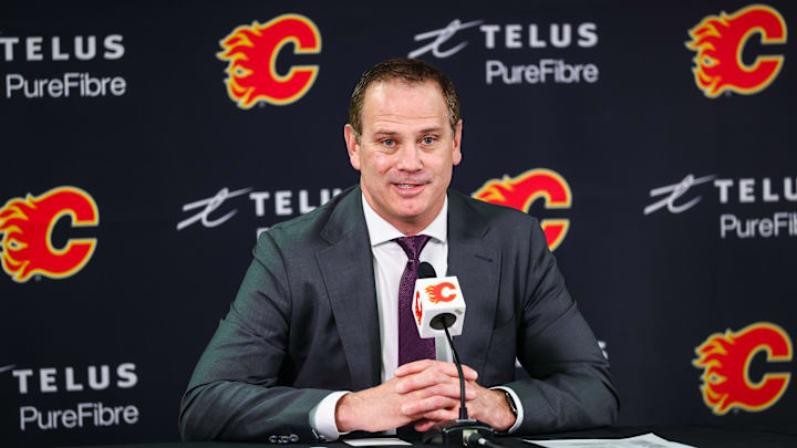Jan 30, 2025; Calgary, Alberta, CAN; Calgary Flames general manager Craig Conroy during interview after the game against the Anaheim Ducks at Scotiabank Saddledome. Mandatory Credit: Sergei Belski-Imagn Images