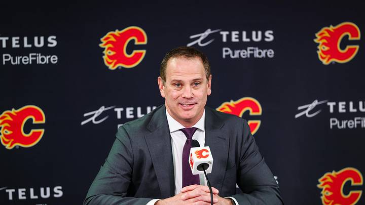 Jan 30, 2025; Calgary, Alberta, CAN; Calgary Flames general manager Craig Conroy during interview after the game against the Anaheim Ducks at Scotiabank Saddledome. Mandatory Credit: Sergei Belski-Imagn Images