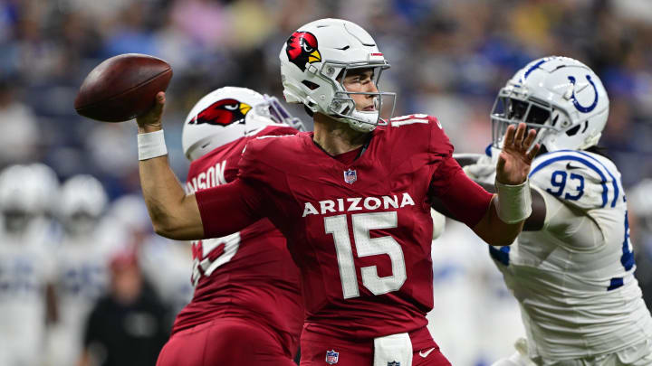 Aug 17, 2024; Indianapolis, Indiana, USA; Arizona Cardinals quarterback Clayton Tune (15) throws a pass during the second quarter against the Indianapolis Colts at Lucas Oil Stadium. Mandatory Credit: Marc Lebryk-USA TODAY Sports