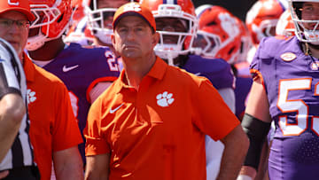 Sep 13, 2025; Atlanta, Georgia, USA; Clemson Tigers head coach Dabo Swinney prepares to run on the field with his team before a game against the Georgia Tech Yellow Jackets at Bobby Dodd Stadium at Hyundai Field. Mandatory Credit: Brett Davis-Imagn Images