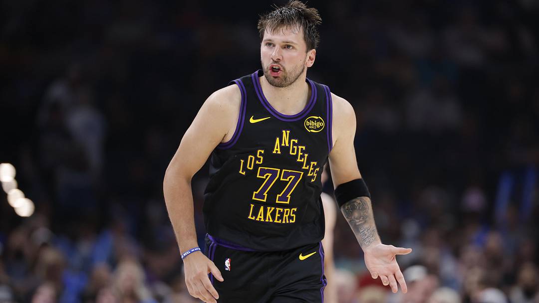 Apr 2, 2026; Oklahoma City, Oklahoma, USA; Los Angeles Lakers guard Luka Doncic (77) reacts after a play against the Oklahoma City Thunder during the second half at Paycom Center. Mandatory Credit: Alonzo Adams-Imagn Images