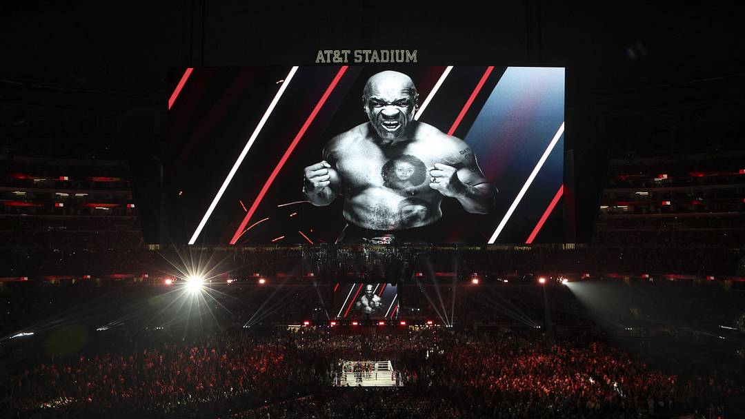 Nov 15, 2024; Arlington, Texas, UNITED STATES;  Mike Tyson makes his way to the ring for his fight against Jake Paul at AT&T Stadium. Mandatory Credit: Kevin Jairaj-Imagn Images