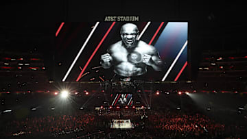 Nov 15, 2024; Arlington, Texas, UNITED STATES;  Mike Tyson makes his way to the ring for his fight against Jake Paul at AT&T Stadium. Mandatory Credit: Kevin Jairaj-Imagn Images