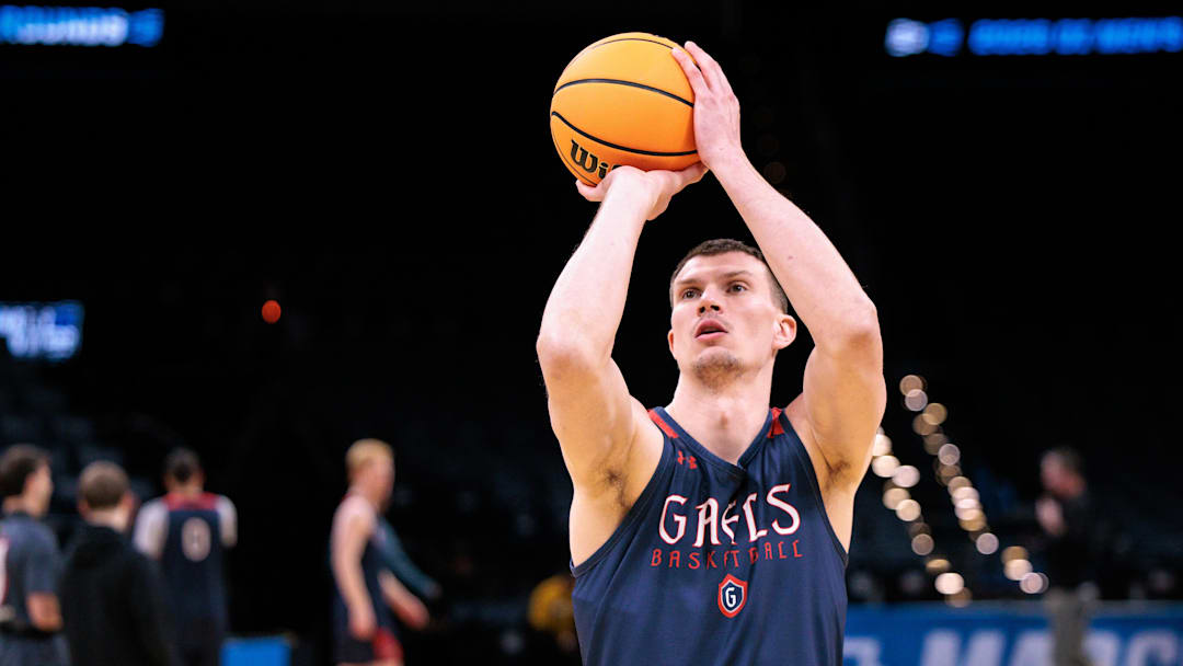 Mar 18, 2026; Oklahoma City, OK, USA; Saint Mary's Gaels forward Paulius Murauskas (23) shoots a free throws during a practice session ahead of the first round of the men's 2026 NCAA Tournament at Paycom Center. Mandatory Credit: William Purnell-Imagn Images
