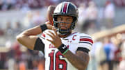Oct 19, 2024; Norman, Oklahoma, USA;  South Carolina Gamecocks quarterback LaNorris Sellers (16) warms up before the game against the Oklahoma Sooners at Gaylord Family-Oklahoma Memorial Stadium. Mandatory Credit: Kevin Jairaj-Imagn Images