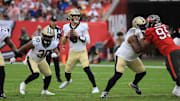 Dec 7, 2025; Tampa, Florida, USA; New Orleans Saints quarterback Tyler Shough (6) looks to throw downfield during the second quarter against the Tampa Bay Buccaneers at Raymond James Stadium. Mandatory Credit: Kim Klement Neitzel-Imagn Images