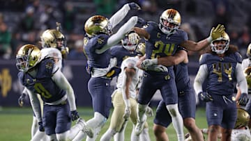 Nov 23, 2024; New York, New York, USA; Notre Dame Fighting Irish linebacker Jack Kiser (24) celebrates with teammates after a defensive stop during the second half against the Army Black Knights at Yankee Stadium. 