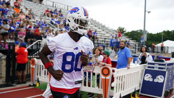 Jul 27, 2023; Rochester NY, USA; Buffalo Bills wide receiver Tyrell Shavers (80) enters the field of play during training camp at St. John Fisher College. Mandatory Credit: Gregory Fisher-USA TODAY Sports