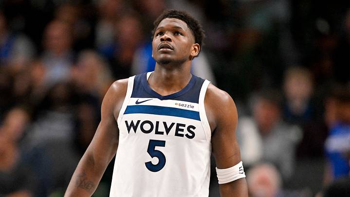 Mar 30, 2026; Dallas, Texas, USA; Minnesota Timberwolves guard Anthony Edwards (5) comes back on the court during the second quarter against the Dallas Mavericks at the American Airlines Center. Mandatory Credit: Jerome Miron-Imagn Images