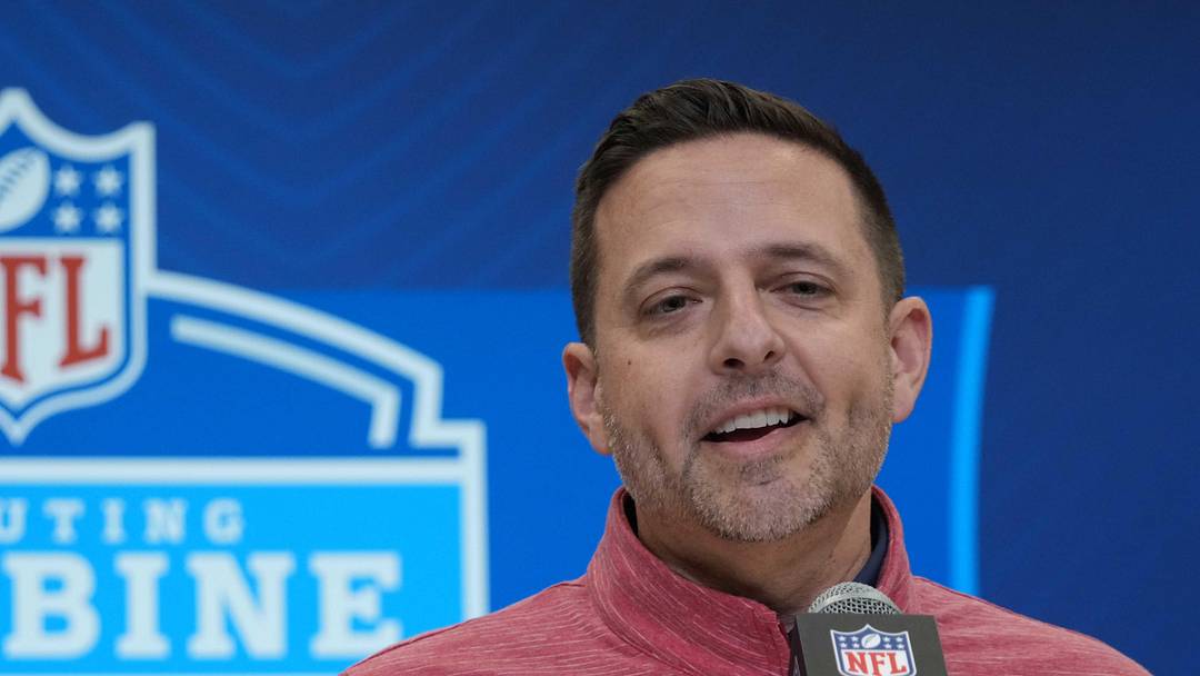 New England Patriots general manager Eliot Wolf speaks during the 2025 NFL Scouting Combine at the Indiana Convention Center.