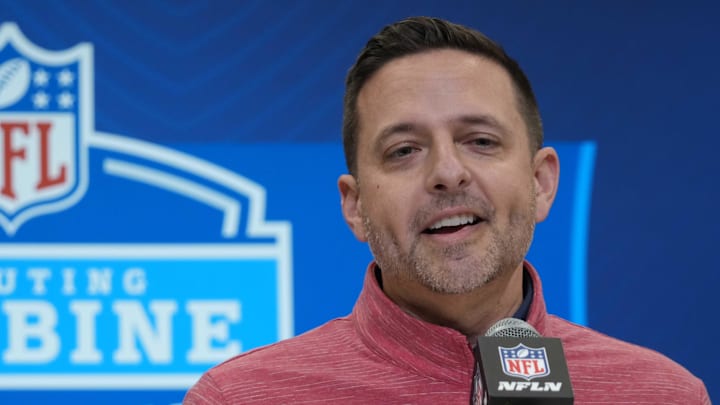 New England Patriots general manager Eliot Wolf speaks during the 2025 NFL Scouting Combine at the Indiana Convention Center.