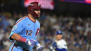 Oct 8, 2025; Los Angeles, California, USA; Philadelphia Phillies designated hitter Kyle Schwarber (12) rounds the bases hitting a solo home run off Los Angeles Dodgers pitcher Yoshinobu Yamamoto (18) during the fourth inning of game three of the NLDS during the 2025 MLB playoffs at Dodger Stadium. Mandatory Credit: Jayne Kamin-Oncea-Imagn Images