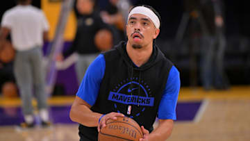Nov 28, 2025; Los Angeles, California, USA; Dallas Mavericks guard Ryan Nembhard (9) warms up prior to the game against the Los Angeles Lakers at Crypto.com Arena.