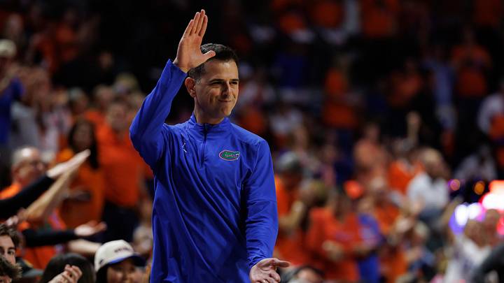 Feb 14, 2026; Gainesville, Florida, USA; Florida Gators head coach Todd Golden gestures with a Gator Chomp against the Kentucky Wildcats during the second half at Exactech Arena at the Stephen C. O'Connell Center. Mandatory Credit: Matt Pendleton-Imagn Images