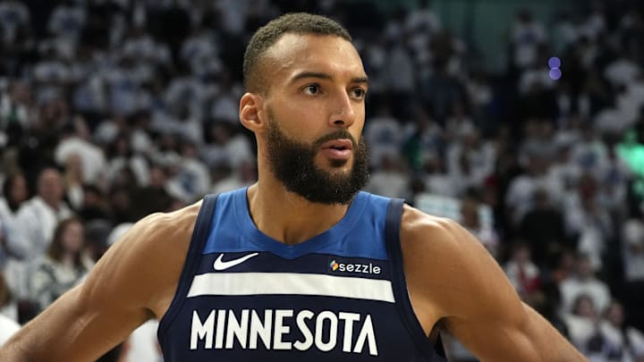 May 24, 2025; Minneapolis, Minnesota, USA; Minnesota Timberwolves center Rudy Gobert (27) reacts after the game against the Oklahoma City Thunder in game three of the western conference finals for the 2025 NBA Playoffs at Target Center. Mandatory Credit: Bruce Kluckhohn-Imagn Images