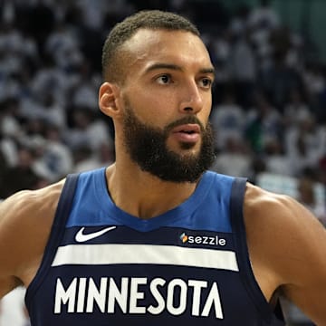 May 24, 2025; Minneapolis, Minnesota, USA; Minnesota Timberwolves center Rudy Gobert (27) reacts after the game against the Oklahoma City Thunder in game three of the western conference finals for the 2025 NBA Playoffs at Target Center. Mandatory Credit: Bruce Kluckhohn-Imagn Images
