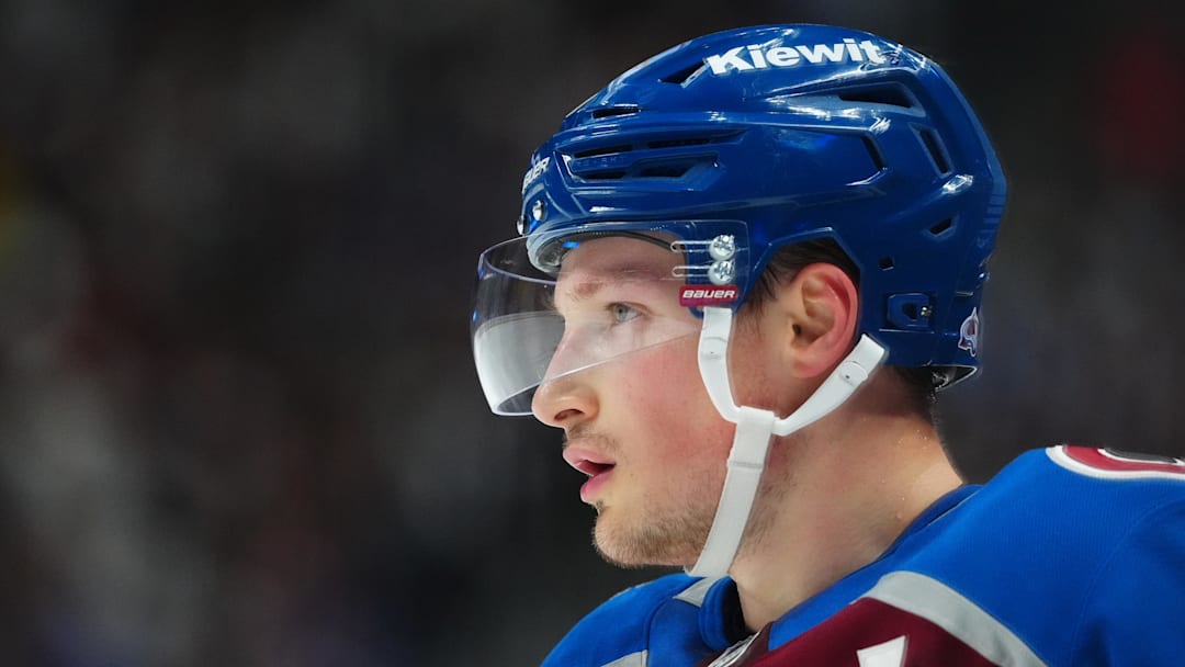 May 1, 2025; Denver, Colorado, USA; Colorado Avalanche defenseman Cale Makar (8) during the first period against the Dallas Stars in game six of the first round of the 2025 Stanley Cup Playoffs at Ball Arena. Mandatory Credit: Ron Chenoy-Imagn Images