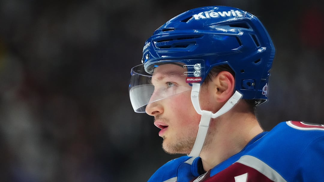 May 1, 2025; Denver, Colorado, USA; Colorado Avalanche defenseman Cale Makar (8) during the first period against the Dallas Stars in game six of the first round of the 2025 Stanley Cup Playoffs at Ball Arena.