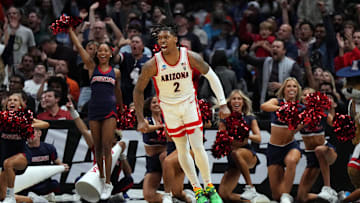 Mar 28, 2024; Los Angeles, CA, USA; Arizona Wildcats guard Caleb Love (2) celebrates in the second half against the Clemson Tigers in the semifinals of the West Regional of the 2024 NCAA Tournament at Crypto.com Arena.