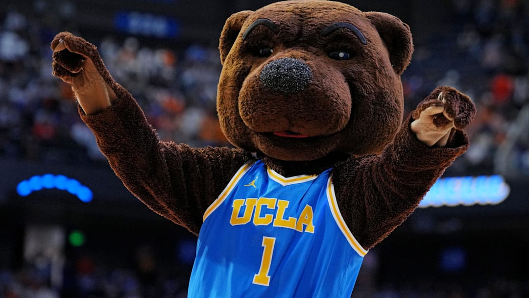 Mar 22, 2025; Lexington, KY, USA; The UCLA Bruins mascot cheers during the first half of the game between the Tennessee Volunteers and the UCLA Bruins in the second round of the NCAA Tournament at Rupp Arena. Mandatory Credit: Aaron Doster-Imagn Images