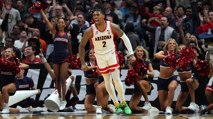 Mar 28, 2024; Los Angeles, CA, USA; Arizona Wildcats guard Caleb Love (2) celebrates in the second half against the Clemson Tigers in the semifinals of the West Regional of the 2024 NCAA Tournament at Crypto.com Arena. Mandatory Credit: Kirby Lee-Imagn Images