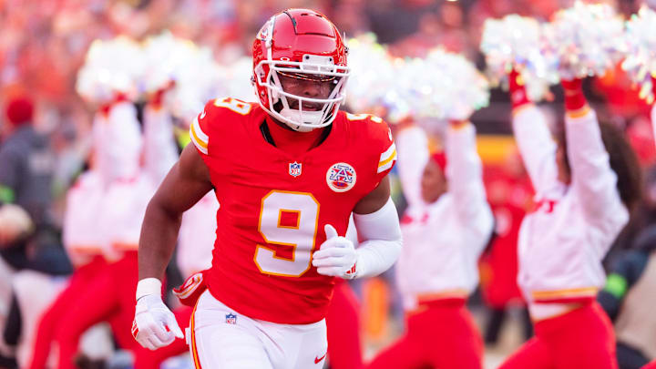 Jan 26, 2025; Kansas City, MO, USA; Kansas City Chiefs wide receiver JuJu Smith-Schuster (9) against the Buffalo Bills in the AFC Championship game at GEHA Field at Arrowhead Stadium. Mandatory Credit: Mark J. Rebilas-Imagn Images Jan 26, 2025; Kansas City, MO, USA; Kansas City Chiefs wide receiver JuJu Smith-Schuster (9) against the Buffalo Bills in the AFC Championship game at GEHA Field at Arrowhead Stadium. Mandatory Credit: Mark J. Rebilas-Imagn Images