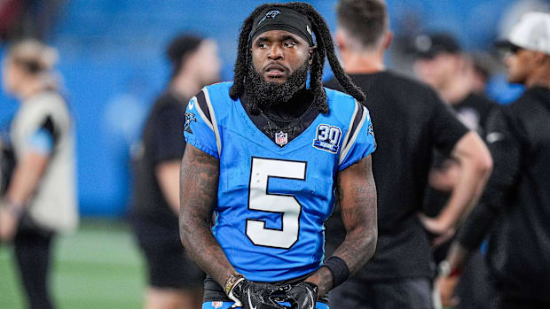 Oct 13, 2024; Charlotte, North Carolina, USA; Carolina Panthers wide receiver Diontae Johnson (5) during the second half at B
