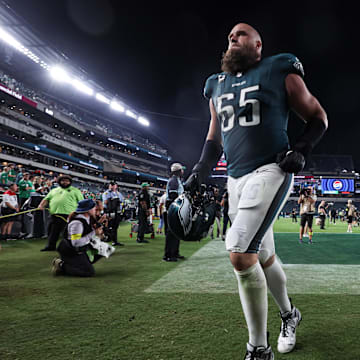 Sep 4, 2025; Philadelphia, Pennsylvania, USA; Philadelphia Eagles offensive tackle Lane Johnson (65) after a victory against the Dallas Cowboys at Lincoln Financial Field. Mandatory Credit: Bill Streicher-Imagn Images