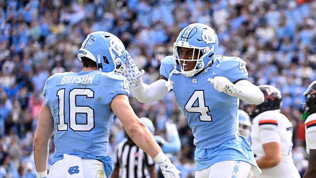 Oct 25, 2025; Chapel Hill, North Carolina, USA; North Carolina Tar Heels defensive back Coleman Bryson (16) and linebacker Mikai Gbayor (4) react in the fourth quarter at Kenan Stadium. Mandatory Credit: Bob Donnan-Imagn Images Oct 25, 2025; Chapel Hill, North Carolina, USA; North Carolina Tar Heels defensive back Coleman Bryson (16) and linebacker Mikai Gbayor (4) react in the fourth quarter at Kenan Stadium. Mandatory Credit: Bob Donnan-Imagn Images