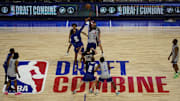 May 14, 2024; Chicago, IL, USA; Adam Bona (90) and Urich Chomche (62) go for a jump ball during the 2024 NBA Draft Combine  at Wintrust Arena. Mandatory Credit: David Banks-USA TODAY Sports