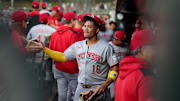 Sep 12, 2025; West Sacramento, California, USA; Cincinnati Reds right fielder Noelvi Marte (16) meets with teammates before the start of the game against the Athletics at Sutter Health Park. Mandatory Credit: Cary Edmondson-Imagn Images