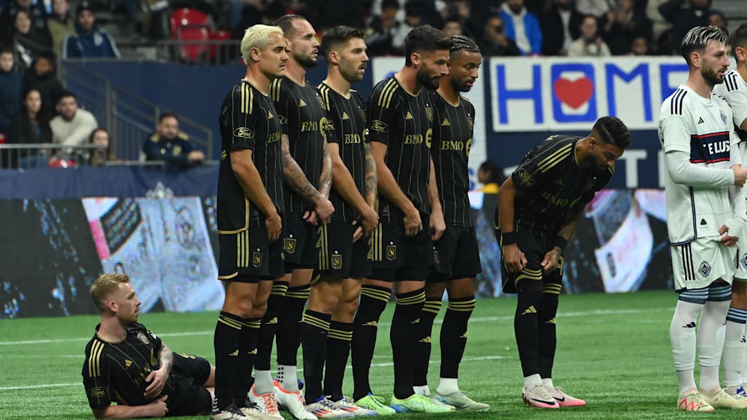 Nov 3, 2024; Vancouver, British Columbia, CAN; The LAFC make a defensive wall in the first half against the LAFC   in a 2024 MLS Cup Playoffs Round One match at BC Place. Mandatory Credit: Simon Fearn-Imagn Images