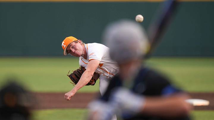 Tennessee pitcher Liam Doyle (12) pitches during a NCAA baseball game between Tennessee and Kentucky at Lindsey Nelson Stadium in Knoxville, Tenn., on April 18, 2025.