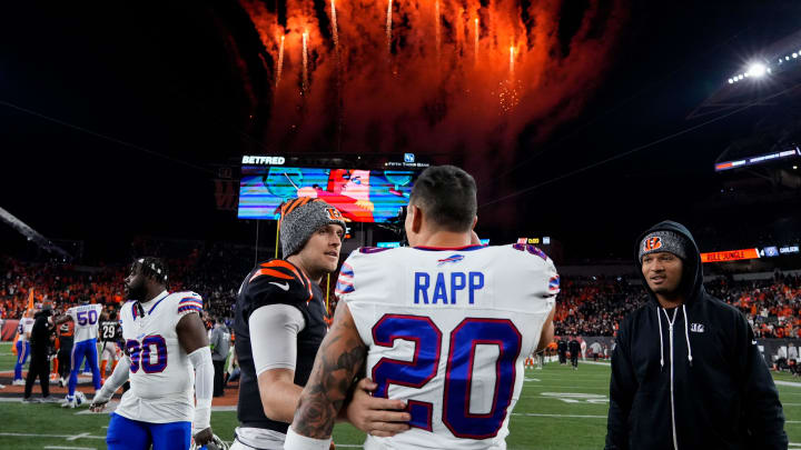 Cincinnati Bengals punter Brad Robbins (10) and Buffalo Bills safety Taylor Rapp (20) chat after the fourth quarter of the NFL Week 9 game between the Cincinnati Bengals and the Buffalo Bills at Paycor Stadium in Cincinnati on Sunday, Nov. 5, 2023.